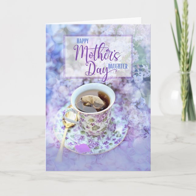 Dotter Tekopp och Lila blommor Mors dag Helgkort (Framsida)