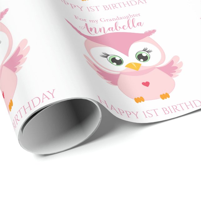 Dotters första födelsedag Söt rosa uggla Presentpapper (Rullad Hörn)