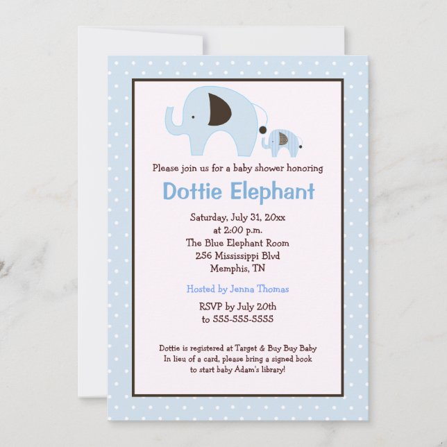 Dottie Elephant (Light Blue) Baby Shower Inbjudan (Framsida)