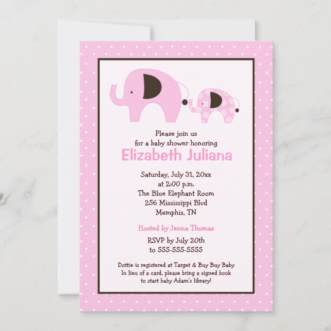 Dottie Elephant (Ljus rosa) Baby Shower Inbjudan (Framsida)