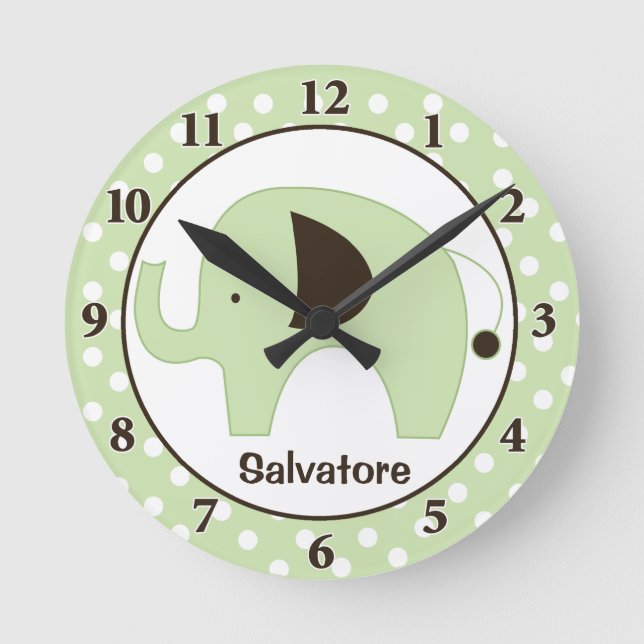 Dottie Elephant Personlig Wall Clock (Grönt) Rund Klocka (Framsida)