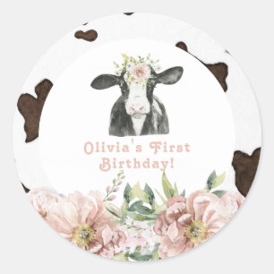 DOTTIE Heliga Cow Cute Blommigt Farm 1:a födelseda Runt Klistermärke