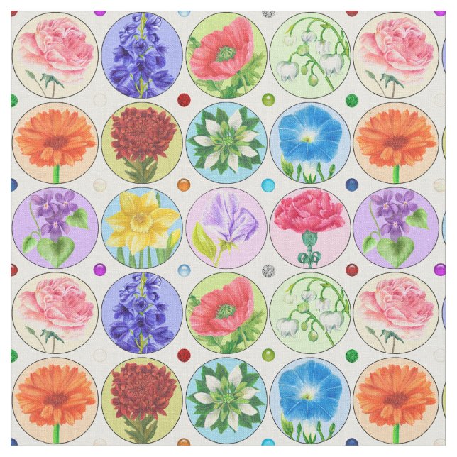 Dotty Birth Flower och Gem Fabric Tyg (Närbild)