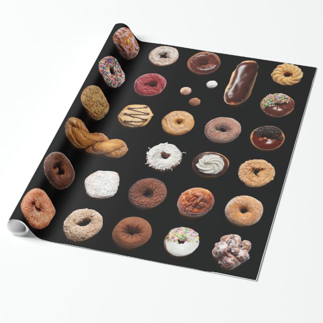 Dotty Donuts som slår in papper (på svart) Presentpapper (Utrullad)