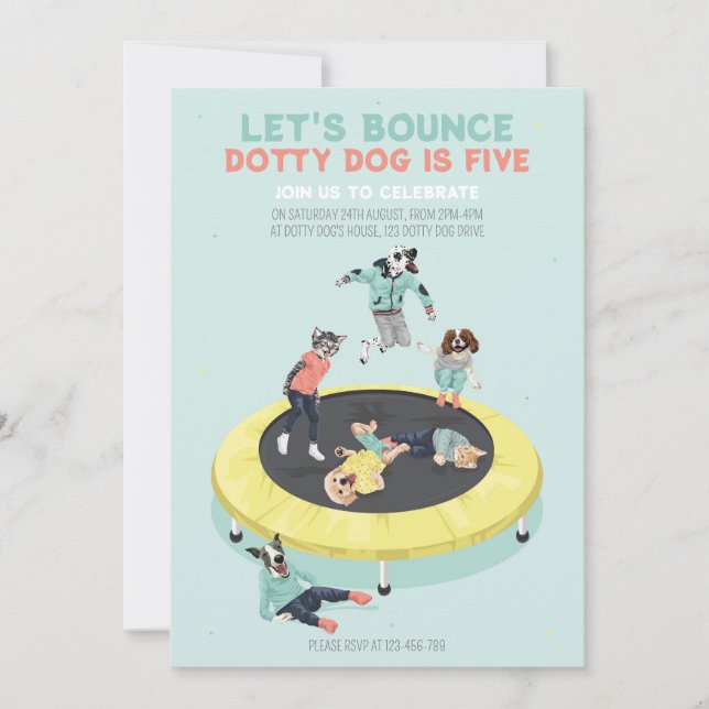 Dotty Hund Bount på Trampoline 5:e Födelsedagsfest Inbjudningar (Framsida)