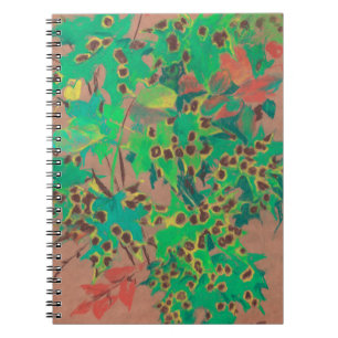 Dotty löv, höstens blommigt, grönt, gult och brun anteckningsbok med spiral