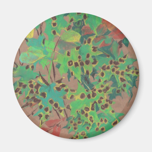 Dotty löv, höstens blommigt, grönt, gult och brun magnet (Framsidan)