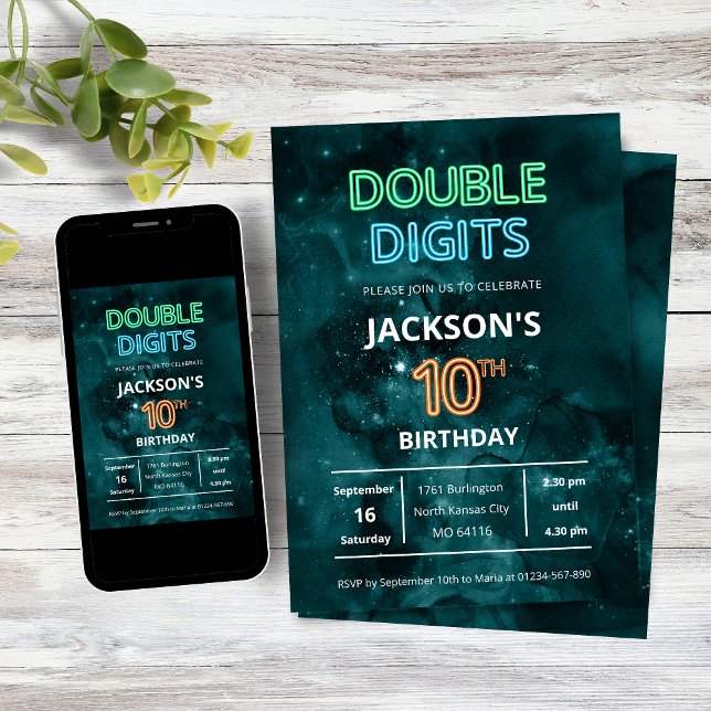 Double Digits Pojkar Neon Space 10-årsdag Inbjudningar (Double Digits Neon Space Galaxy Boys 10th Birthday Party Invitation)