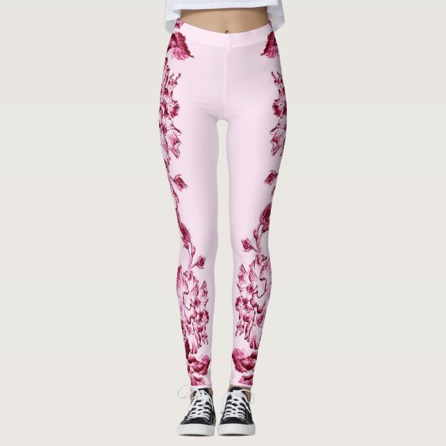 Double Hibiscus  Pink on Black  Leggings (Framsida)