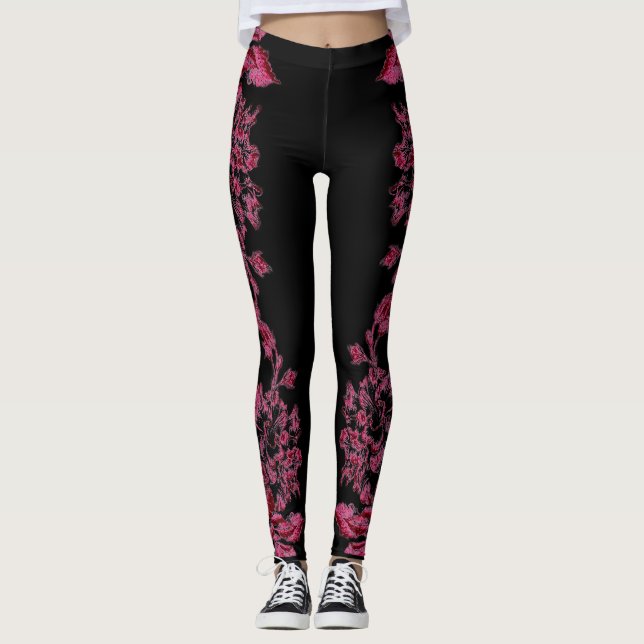 Double Hibiscus  Pink on Black  Leggings (Framsida)