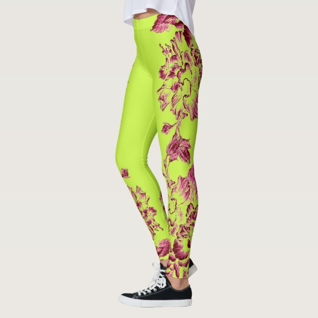 Double Hibiscus Pink on Lime  Leggings (Vänster)