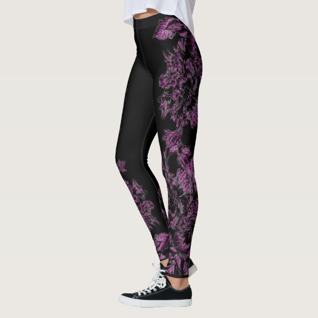 Double Hibiscus Purple on Black  Leggings (Vänster)