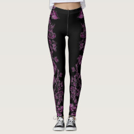 Double Hibiscus Purple on Black  Leggings