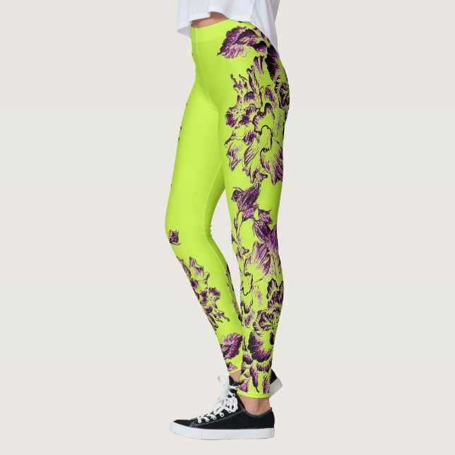 Double Hibiscus Purple on Lime  Leggings (Vänster)