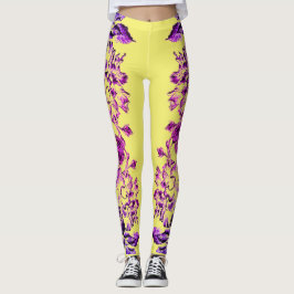 Double Hibiscus Purple on Yellow Varied Leggings