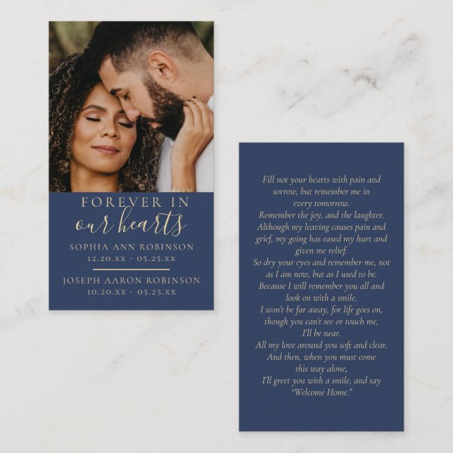 Double Joint Memorial Photo Blue Prayer Card Visitkort (Fram/baksida)