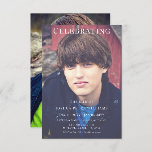 Double Photo Masculine Funeral Service Inbjudningar (Fram/baksida)