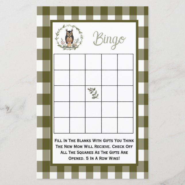 Double sided baby shower games minimalist woodland (Framsida)