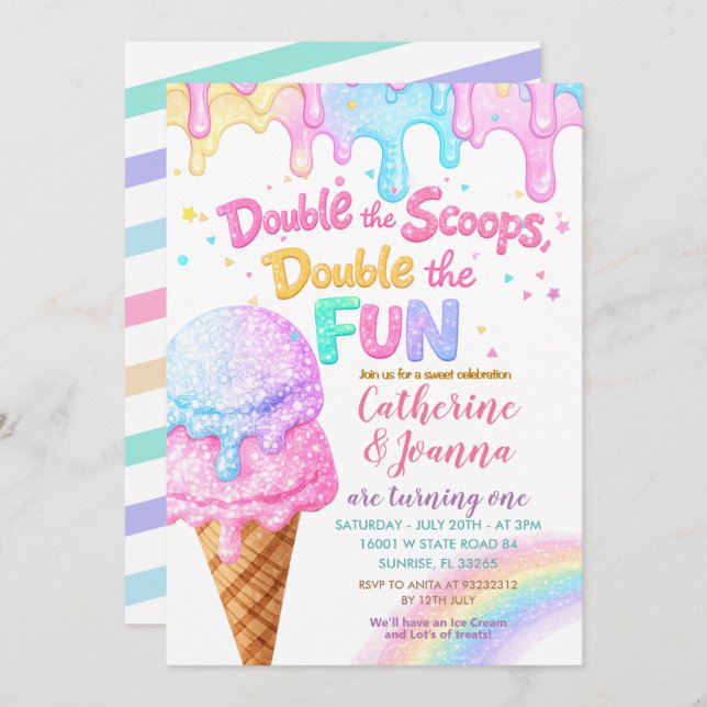 Double the Scoops Birthday ice Cream Glitter Inbjudningar (Fram/baksida)