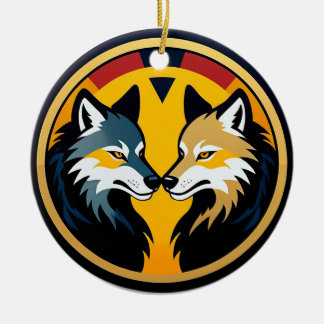 Double Wolf Emblem Logo With Golden Circle Julgransprydnad Keramik