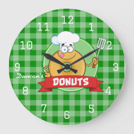 Doughnut Kitchen Chef Grönt Gingham Stor Klocka