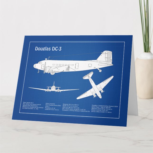 Douglas DC-3 - Flygplan Blueprint Teckning Plan AB Tack Kort (Framsida)