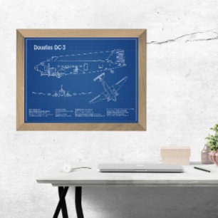 Douglas DC-3 - Flygplan Blueprint Teckning Plans A Fototryck