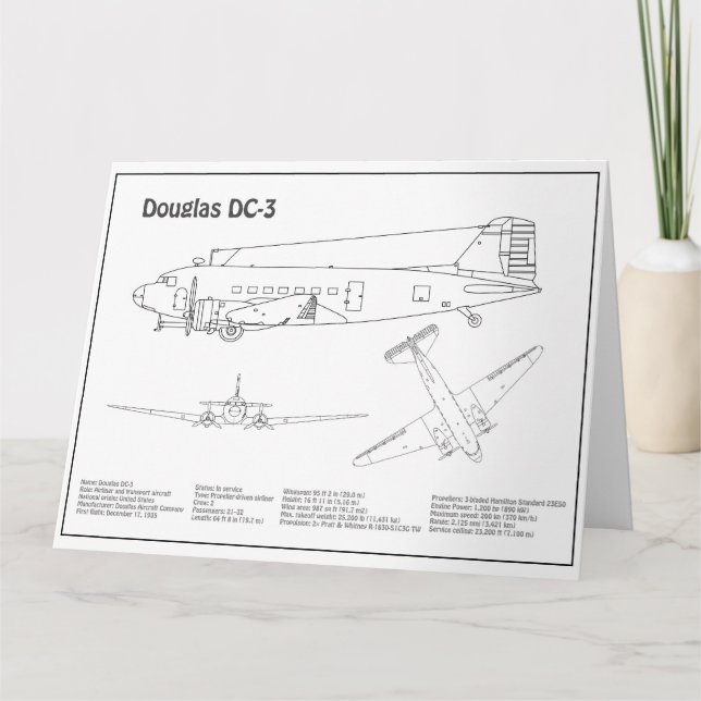 Douglas DC-3 - Flygplan Blueprint Teckning Plans B Tack Kort (Framsida)