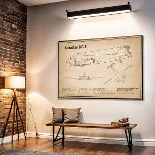 Douglas DC-3 - Flygplan Blueprint Teckning Plans S Poster
