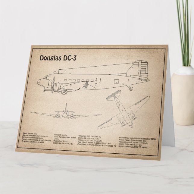 Douglas DC-3 - Flygplan Blueprint Teckning Plans S Tack Kort (Framsida)