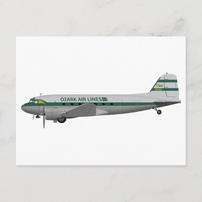 Douglas DC-3 Ozark Airlines Vykort (Framsida)
