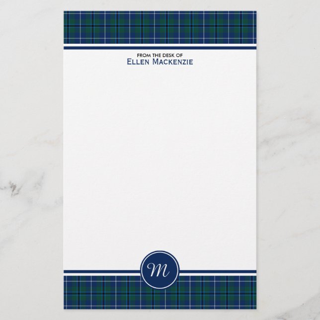 Douglas Klan Mörk blått Modern Tartan Monogram Brevpapper (Framsida)