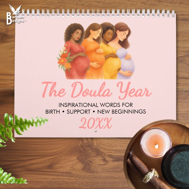 Doula-året present till födelsearbetare och barnmo kalender (Custom DOULA YEAR Calendar of inspirational words with watercolor artwork for birth professionals.)