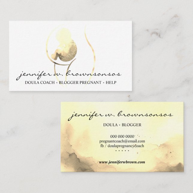 Doula Guld Watercolor Pregant Baby Newborn Visitkort (Fram/baksida)