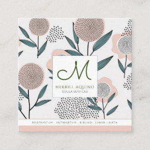 Doula servar hand plockadeblommigt med monogramen fyrkantigt visitkort