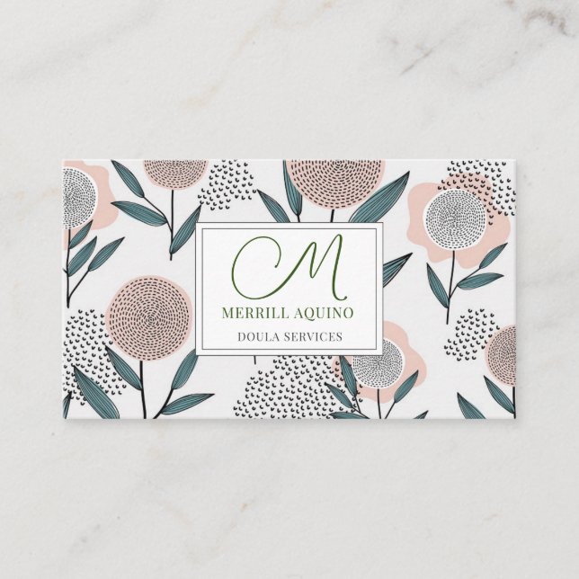 Doula Services Hand plockade Blommigt Monogrammed Visitkort (Framsida)