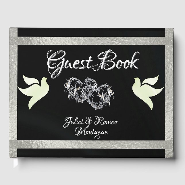 Dovar, hjärter och band - svart/Silver Gästböcker (Framsida)