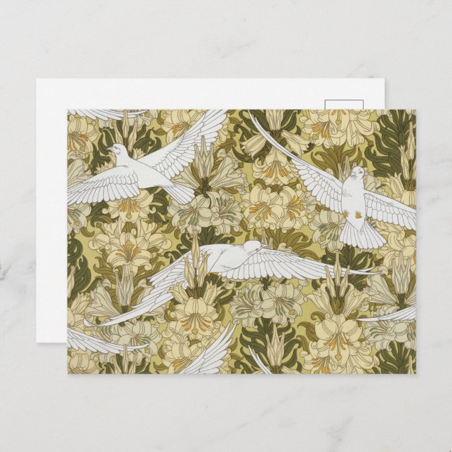 Dovar och lilier, Blommigt och fåglar Art nouveau Vykort (Fram/baksida)