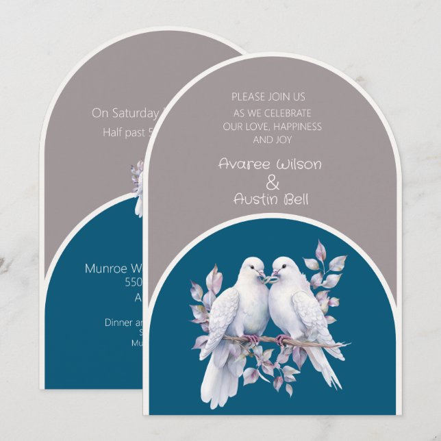 Dovar och Ringar Light Grått och Ocean Blue Arches Inbjudningar (Fram/baksida)