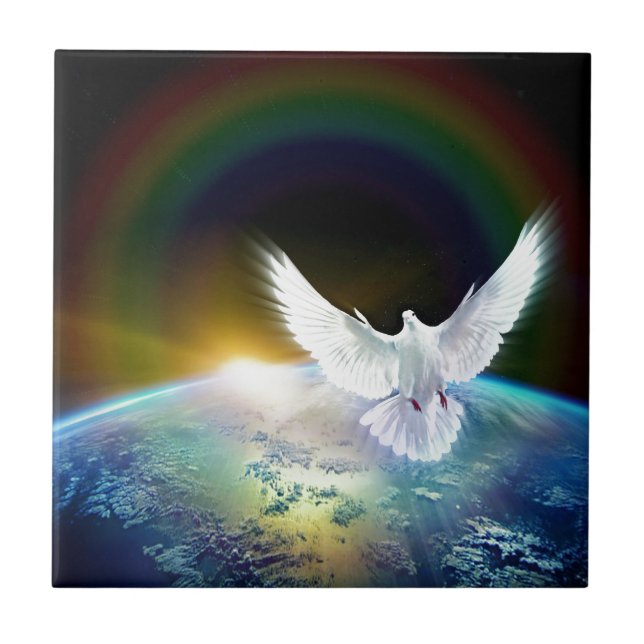 Dove av Peace Heliga Spirit över jorden med Rainbo Kakelplatta (Framsidan)