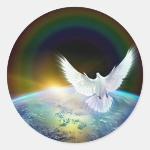 Dove av Peace Heliga Spirit över jorden med Rainbo Runt Klistermärke