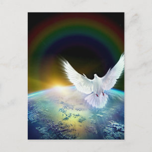 Dove av Peace Heliga Spirit över jorden med Rainbo Vykort