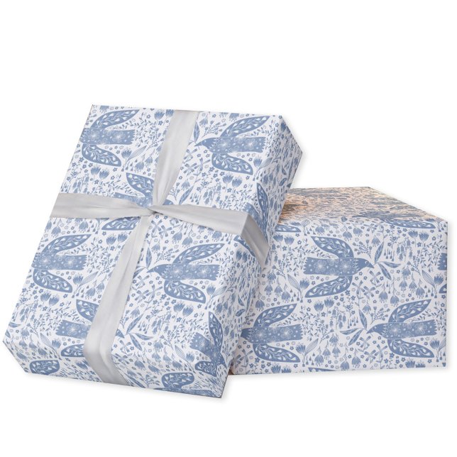 Dove Bird Blue Presentpapper (Peace dove blue and white bird  folk art gift wrapping paper roll)