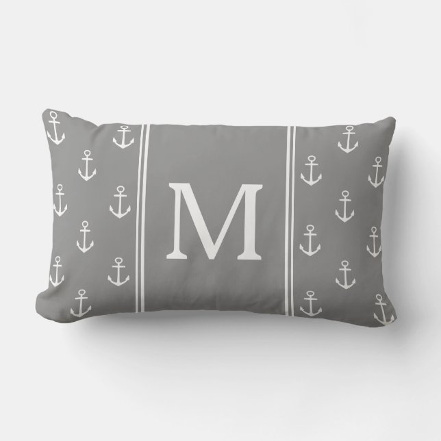 Dove Grått och White Anchors Monogram Lumbarkudde (Framsida)