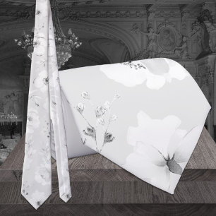 Dove Grått on White Garden Peony Bröllop Neck Tie Slips