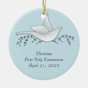 Dove med Grenar, Blue, First Communion Julgransprydnad Keramik