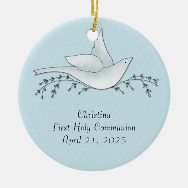 Dove med Grenar, Blue, First Communion Julgransprydnad Keramik (Framsidan)