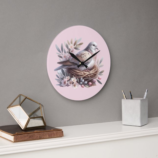  Dove Nest med Flowers och Olive Grenar Stor Klocka (Kontor)