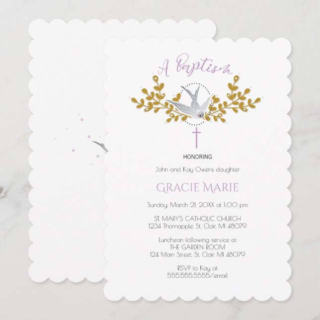 Dove och Kor Baptism-inbjudan {Girl} Inbjudningar (Fram/baksida)