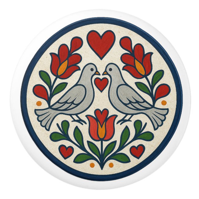 Dove och Tulip Pennsylvania Dutch Hex Sign Knob Knopp (Framsidan)